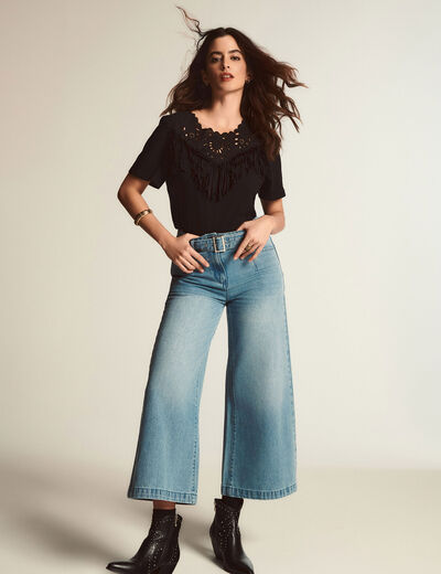 Vaquero pernera ancha cinturón denim descolorido mujer