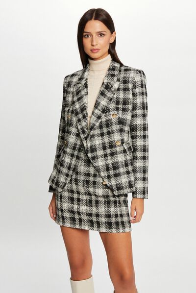 Chaqueta entallada estampado de cuadros negro mujer