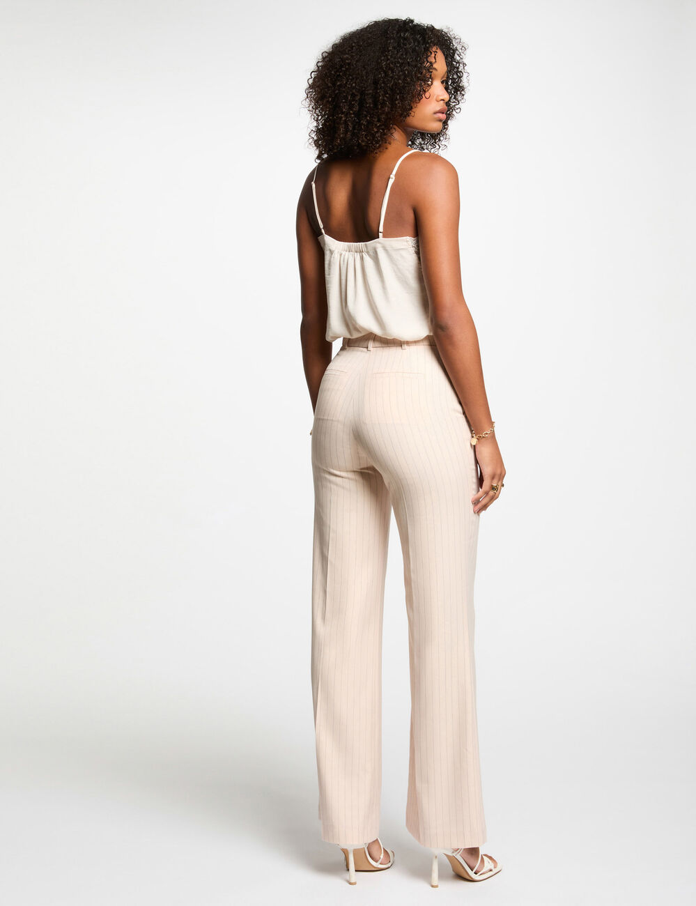 Pantalón pernera ancha rayas rosa claro mujer
