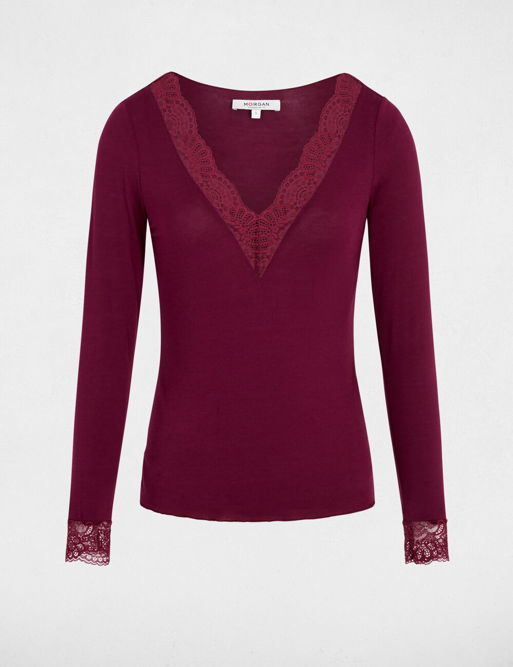 Camiseta cuello v encaje ciruela mujer