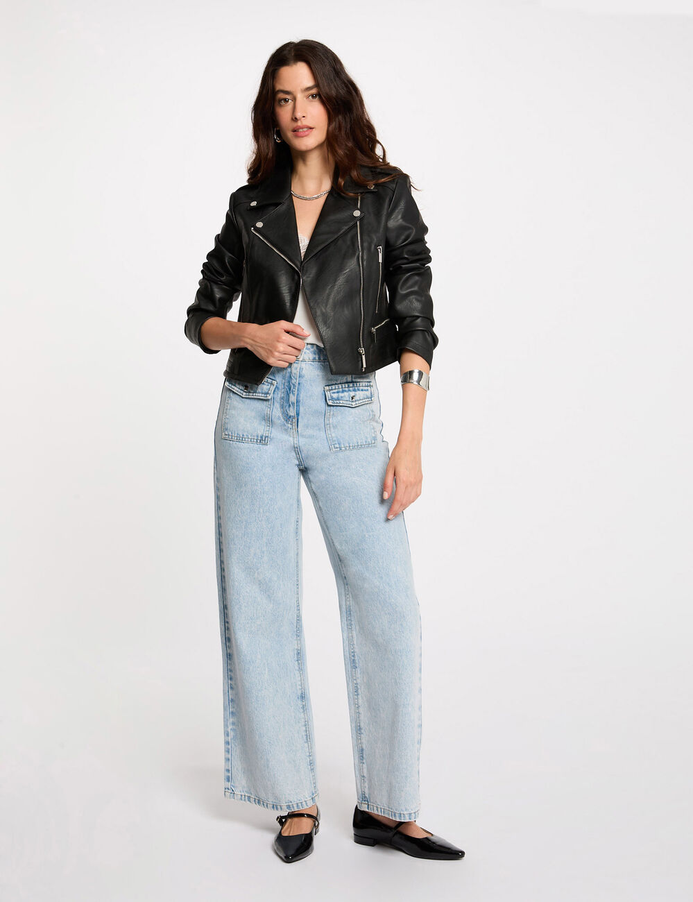 Chaqueta recta con cuello con muescas negro mujer