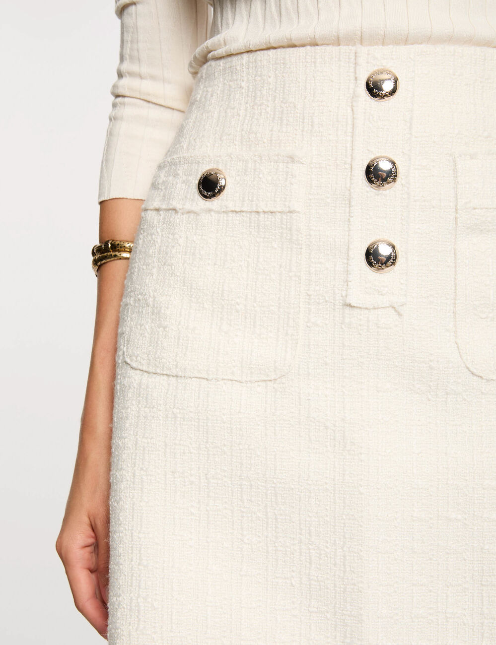 Falda corta de tweed marfil mujer