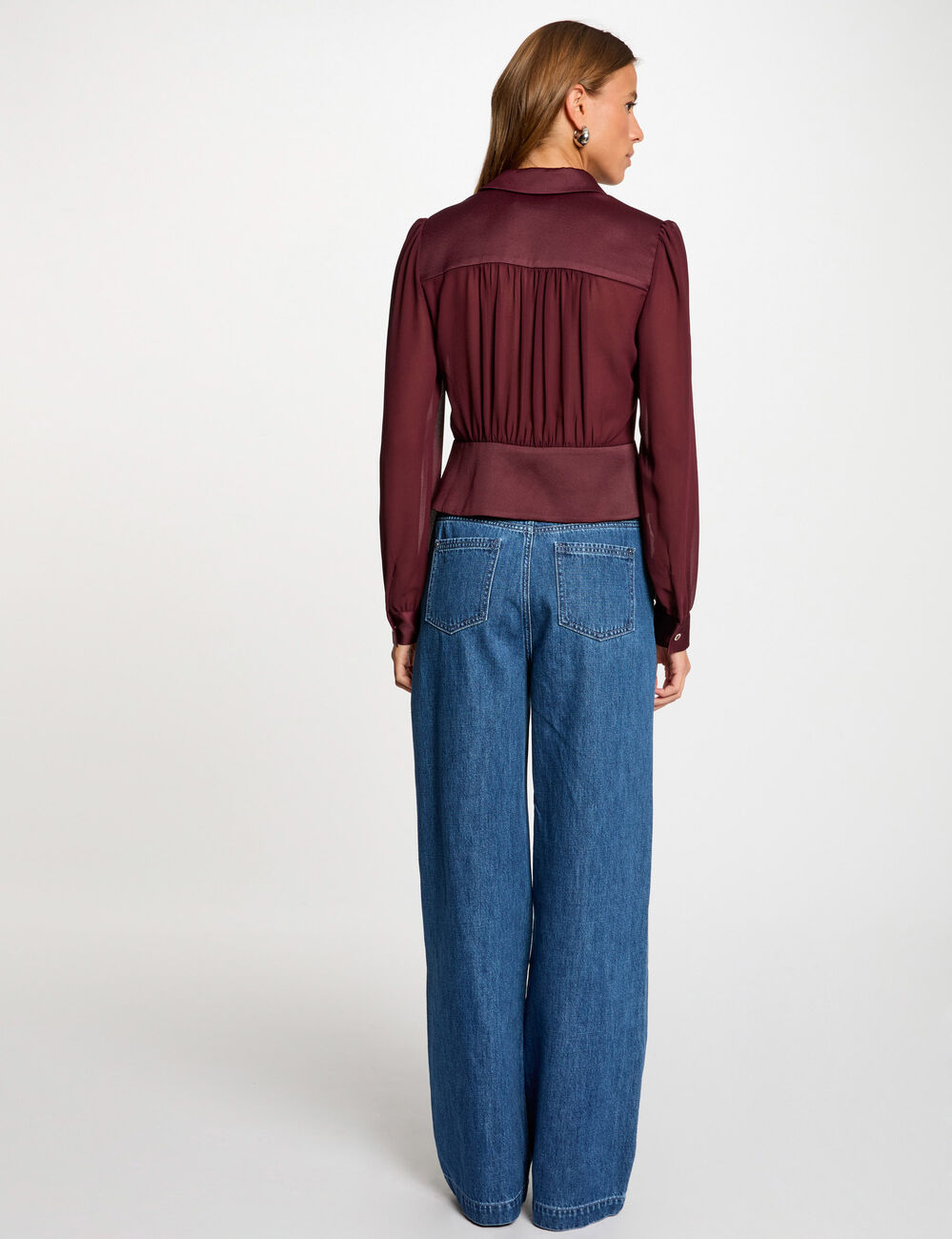 Camisa manga larga con pliegues ciruela mujer