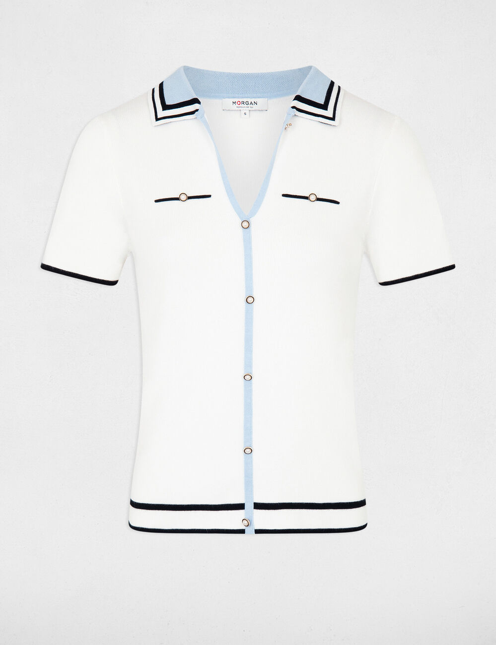 Jersey cuello tipo polo manga corta marfil mujer