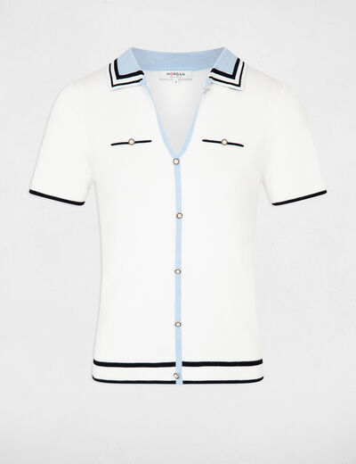 Jersey cuello tipo polo manga corta marfil mujer