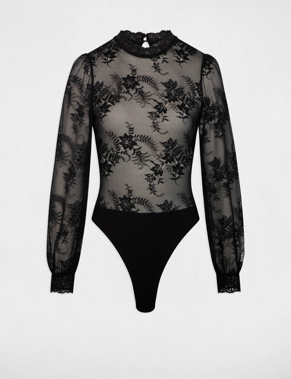 Body de encaje con mangas largas negro mujer