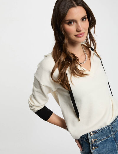 Jersey escote en V y capucha blanco mujer