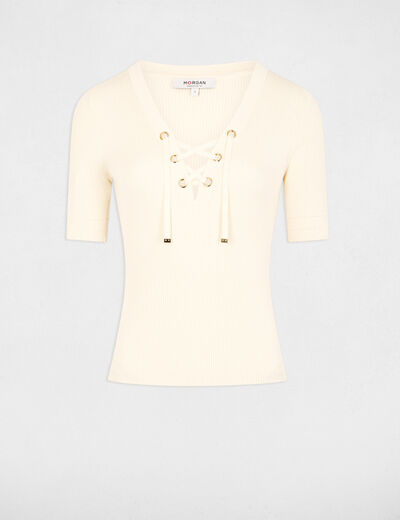 Jersey escote en V con lazada marfil mujer