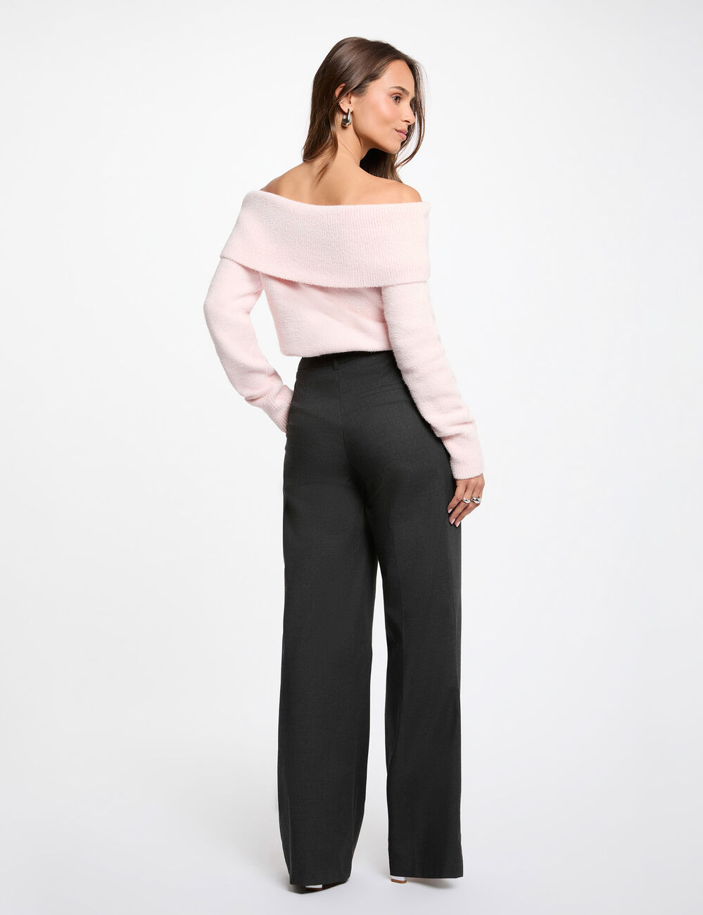 Jersey con cuello bardot rosa claro mujer
