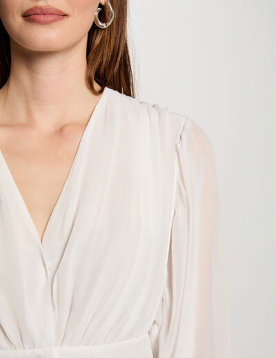 Blusa manga larga drapeada blanco mujer