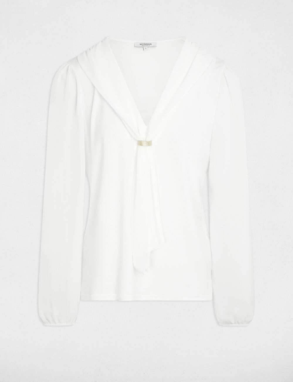 Camiseta de voile con cuello lazada blanco mujer