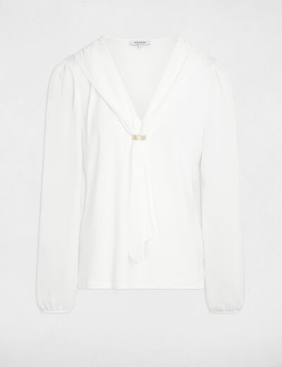 Camiseta de voile con cuello lazada blanco mujer