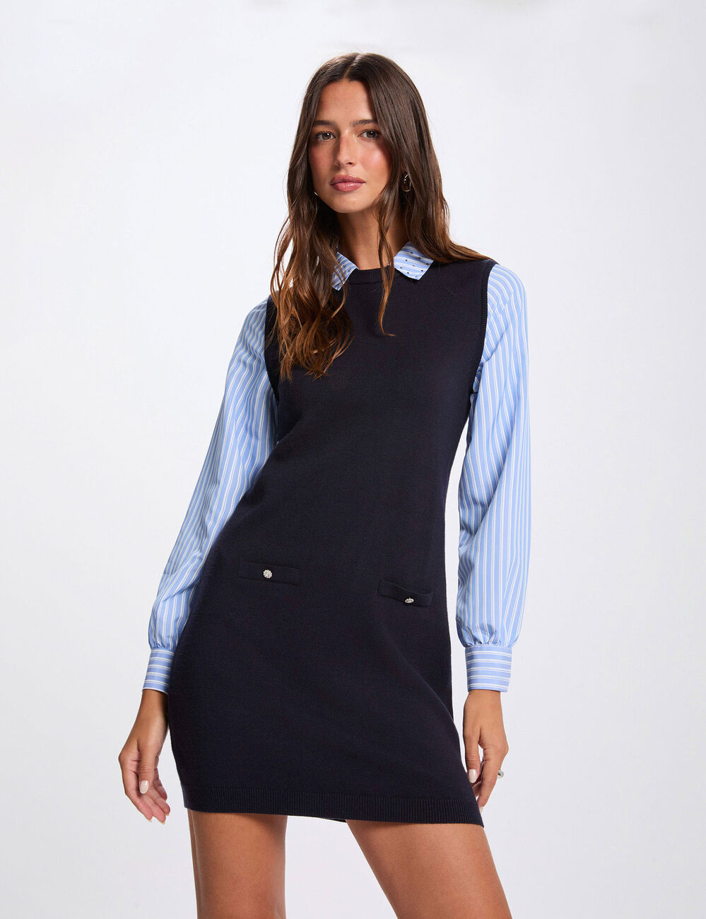 Vestido corto de punto ajustado azul marino mujer