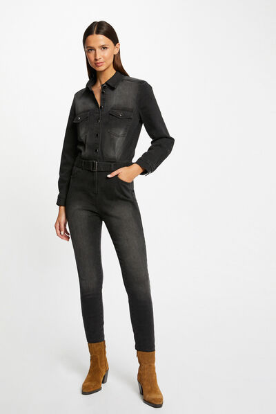 Mono largo ajustado vaquero con cinturón gris anthracite mujer