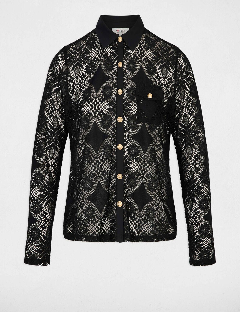 Camisa de encaje con cuello vuelto negro mujer