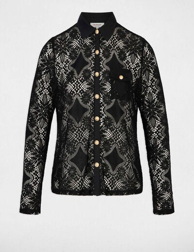 Camisa de encaje con cuello vuelto negro mujer