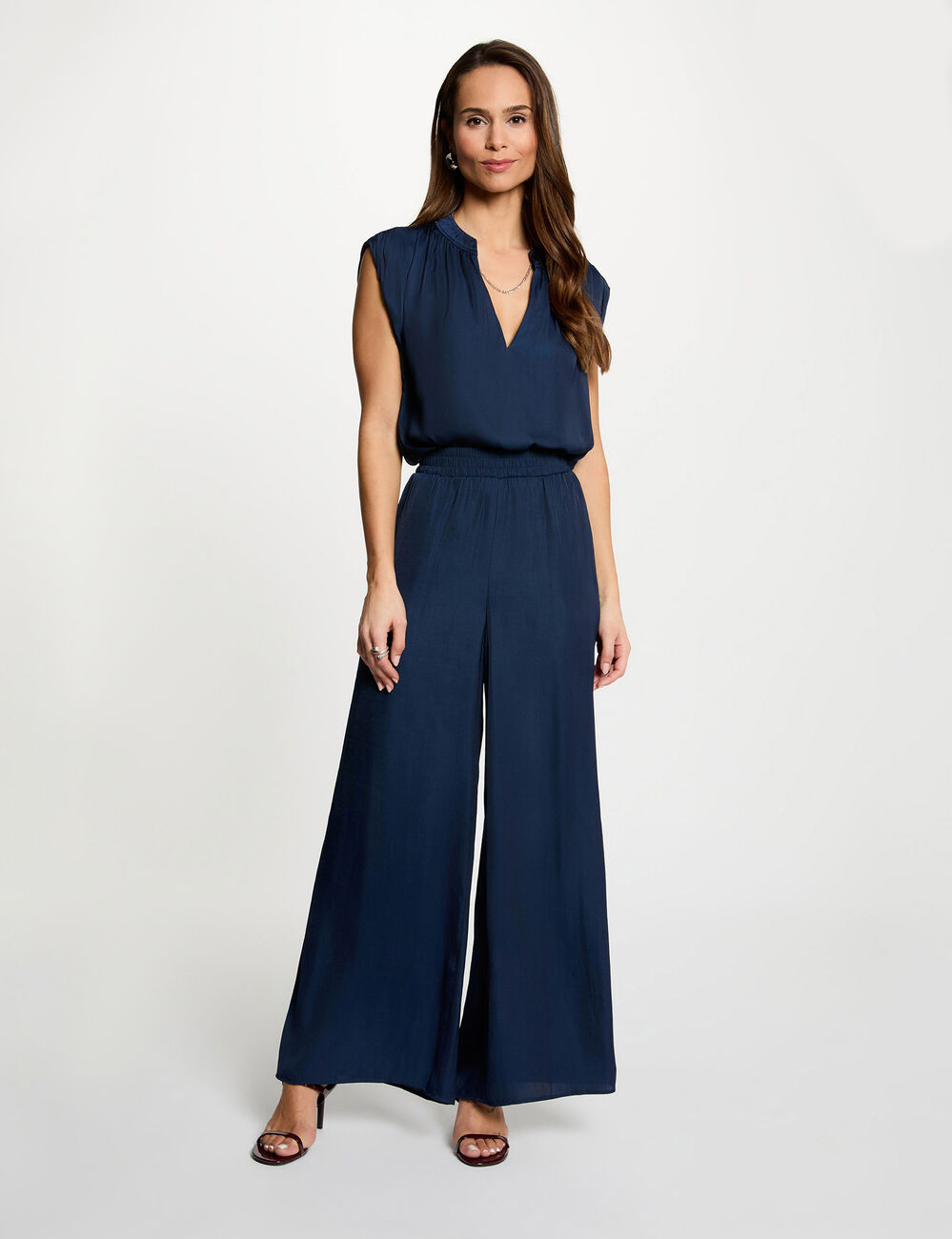 Blusa manga corta satinada azul marino mujer