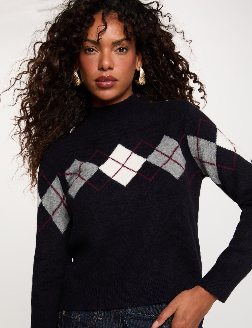 Jersey jacquard cuello alto azul marino mujer