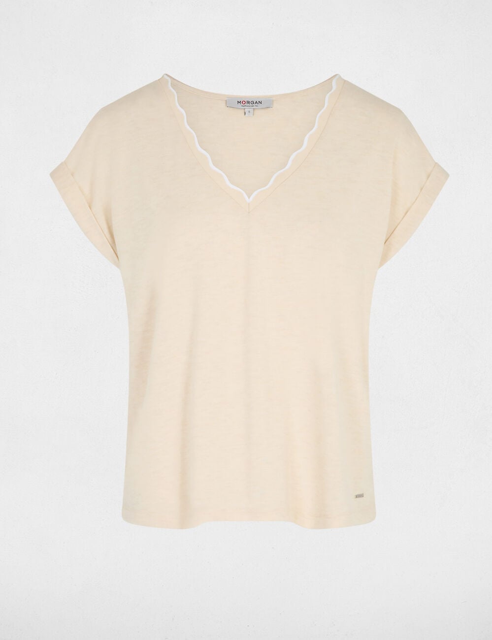 Camiseta cuello v manga corta beige mujer