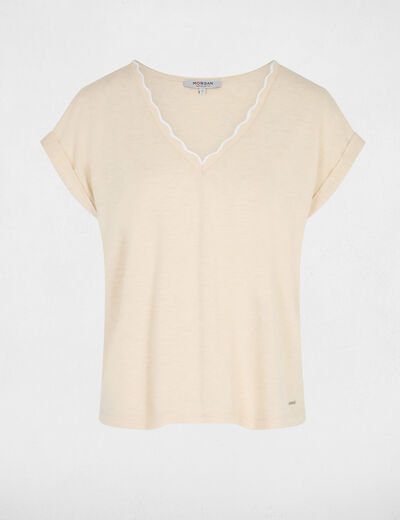 Camiseta cuello v manga corta beige mujer