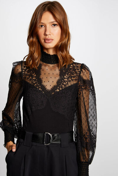 Camiseta manga larga con encaje negro mujer