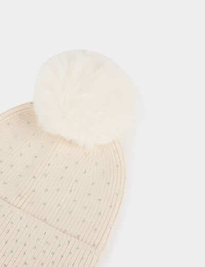 Gorro con strass y pompón marfil mujer