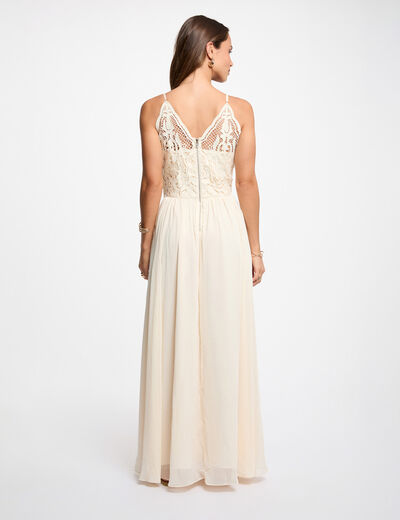 Vestido largo de encaje creme mujer
