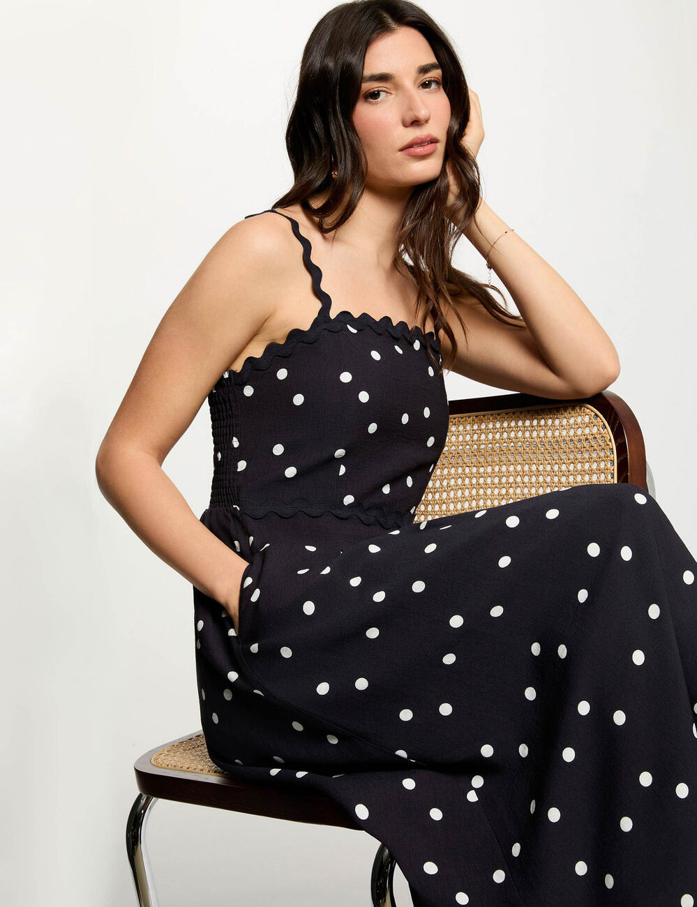 Vestido midi de lunares azul marino mujer