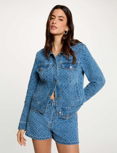 Pantal&oacute;n corto jacquard chevron denim stone mujer