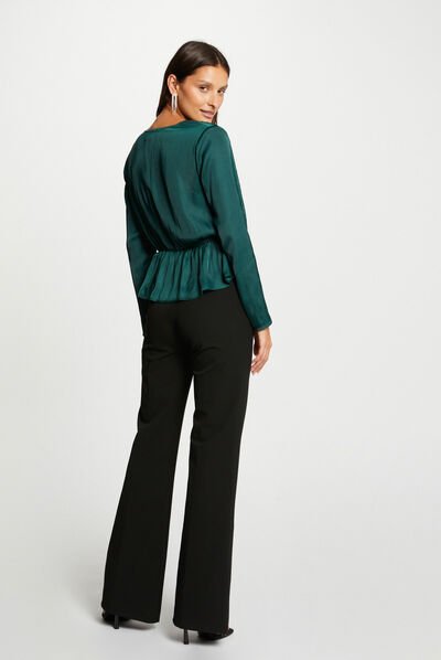 Blusa manga larga satinada verde oscuro mujer