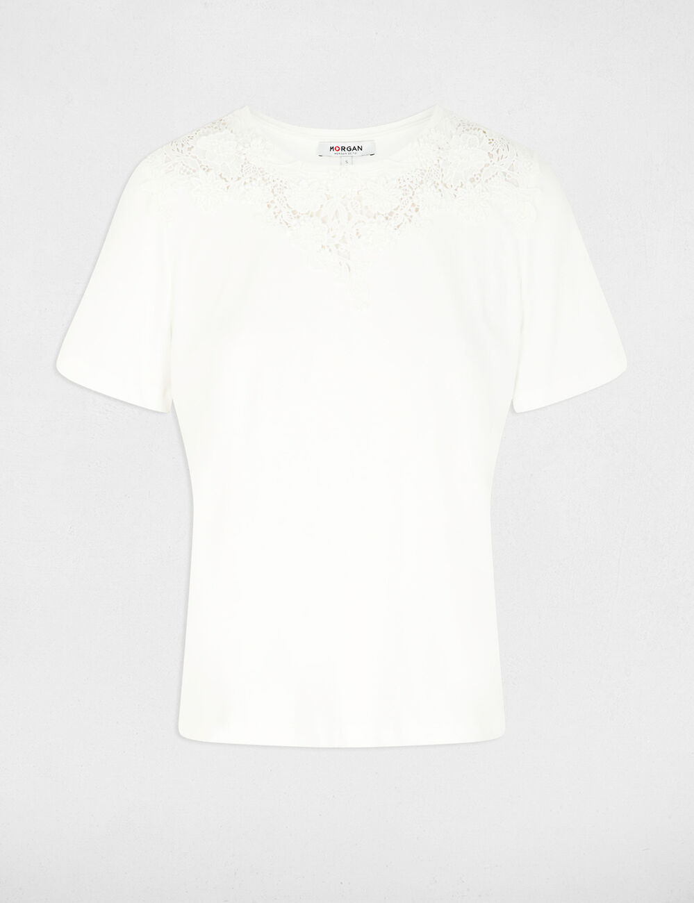 Camiseta de encaje con cuello redondo blanco mujer
