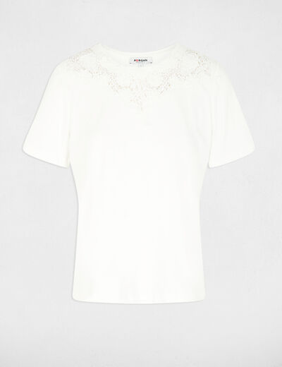 Camiseta de encaje con cuello redondo blanco mujer