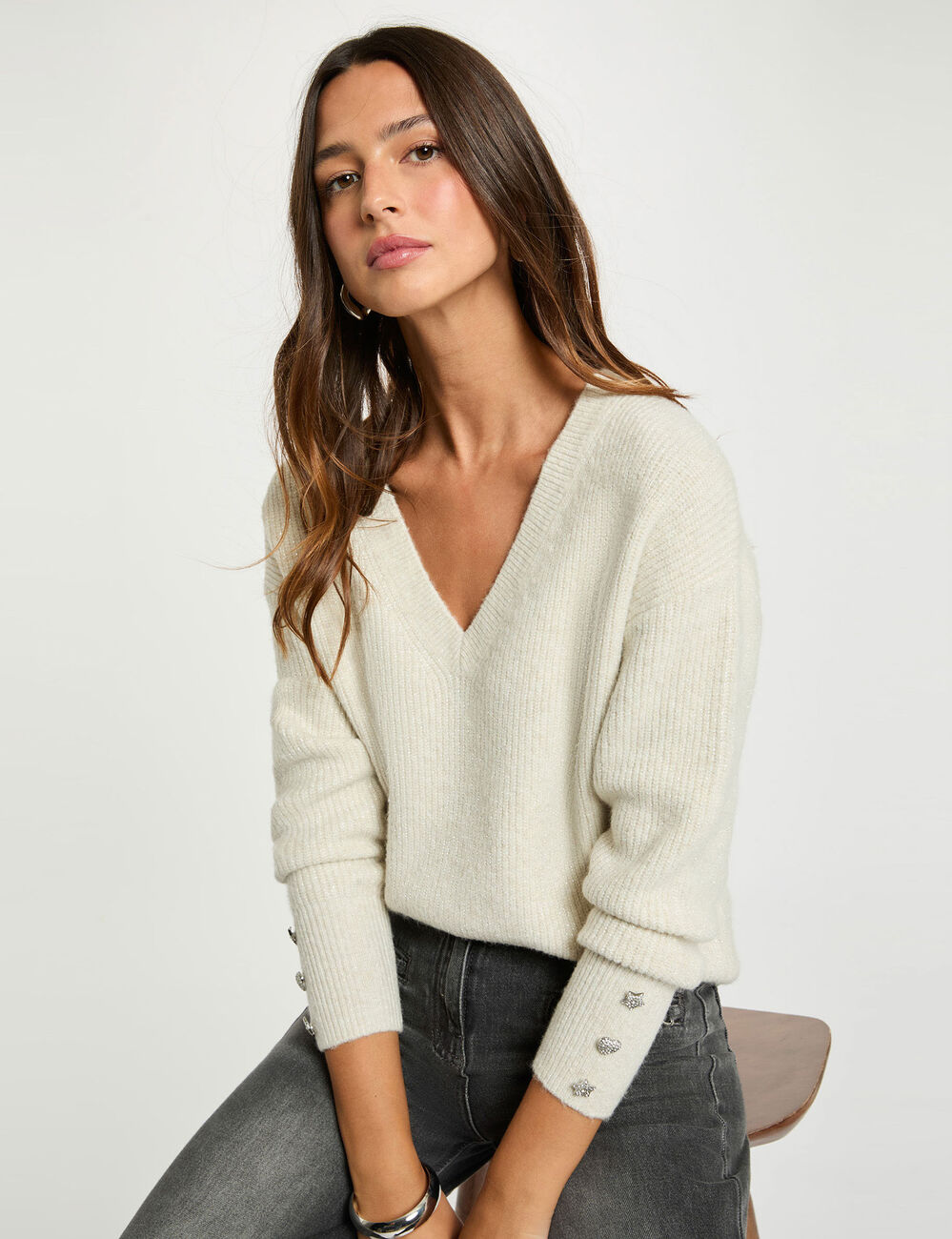 Jersey cuello en V oversize marfil mujer