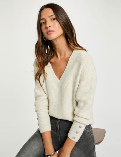 Jersey cuello en V oversize marfil mujer