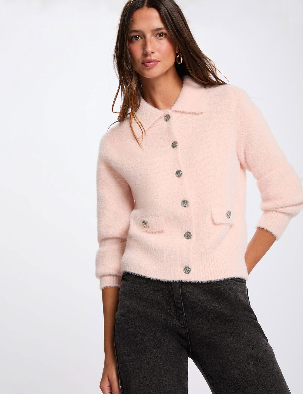 C&aacute;rdigan con cuello de solapa rosa claro mujer