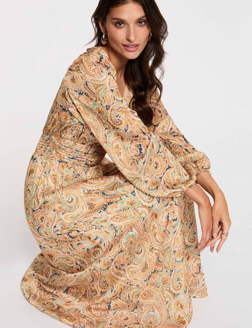 Vestido largo con mangas abullonadas multicolor mujer