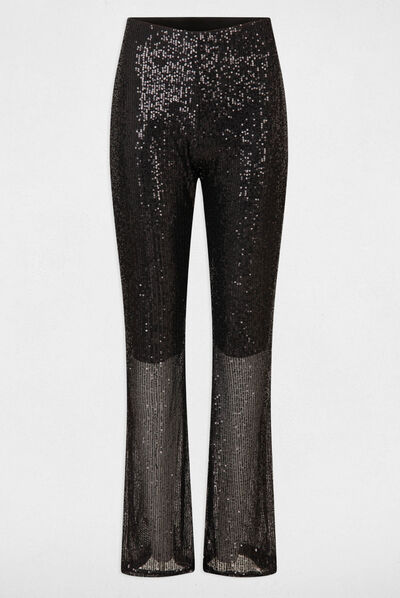 Pantalón pernera ancha con lentejuelas negro mujer