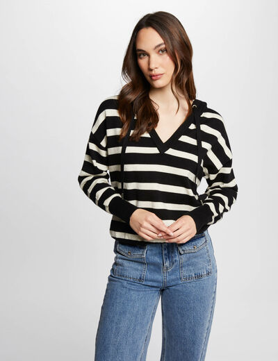 Jersey escote en V y capucha negro mujer