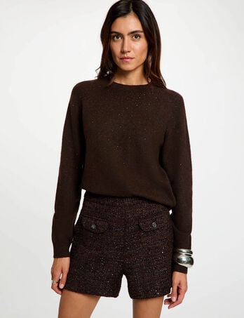 Pantal&oacute;n corto de tweed de tiro alto marr&oacute;n oscuro mujer