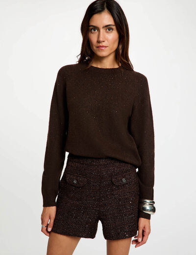 Pantal&oacute;n corto de tweed de tiro alto marr&oacute;n oscuro mujer
