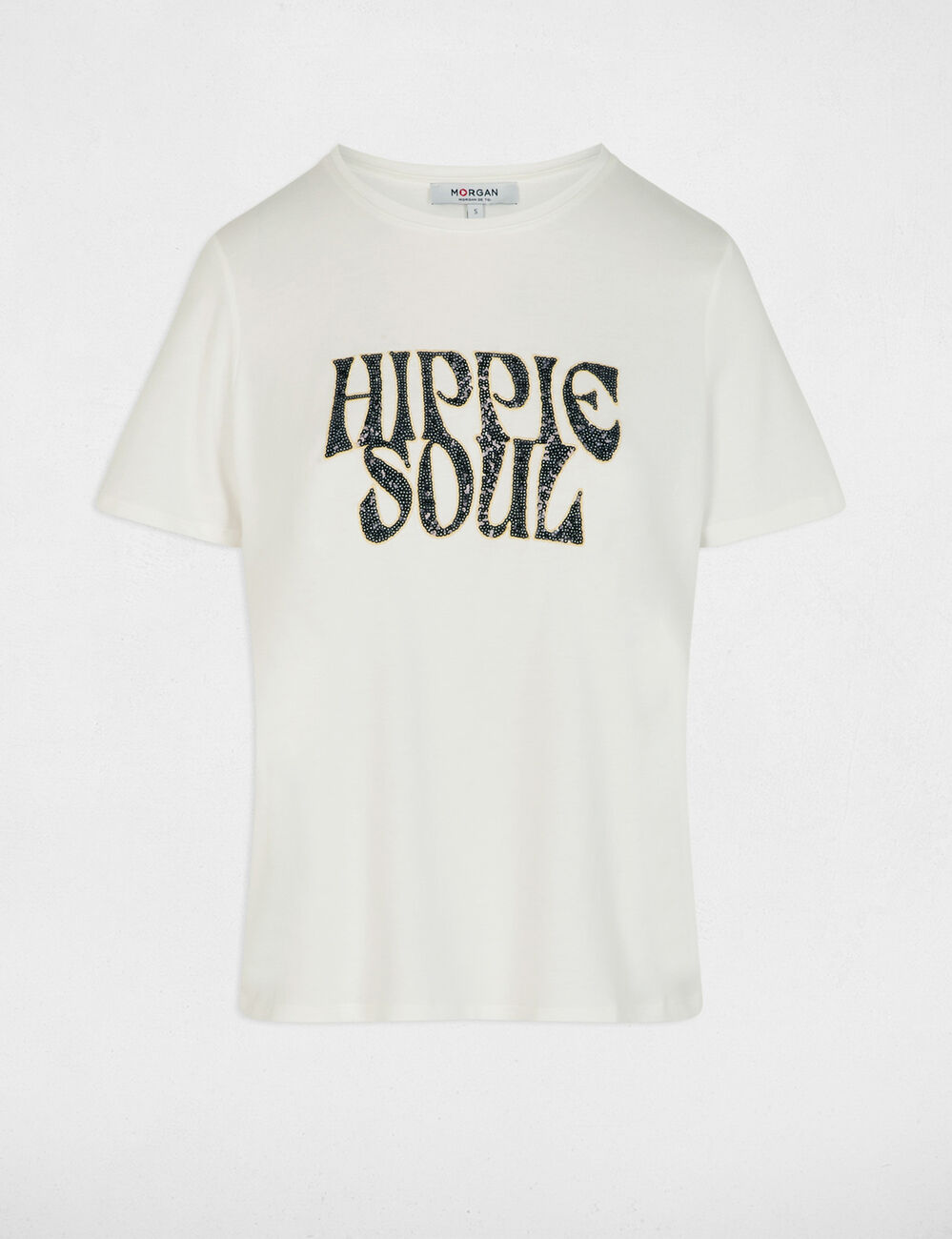 Camiseta bordada con lentejuelas blanco mujer