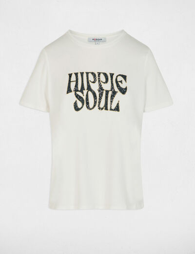 Camiseta bordada con lentejuelas blanco mujer