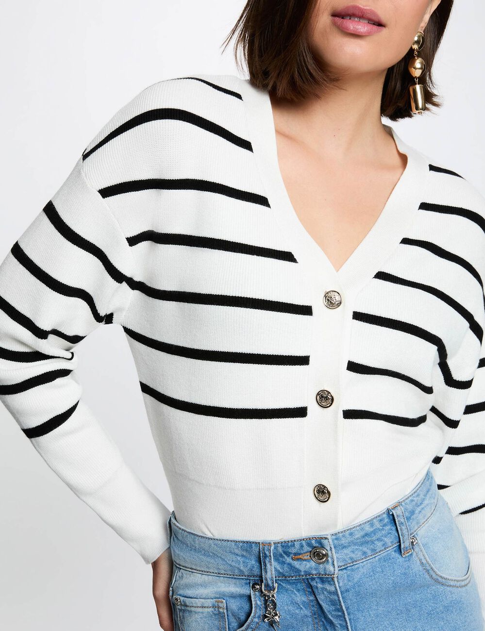 Jersey de rayas con cuello en V blanco mujer