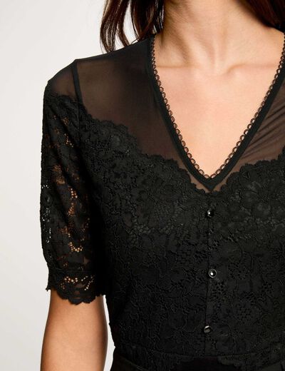 Body manga corta con encaje negro mujer