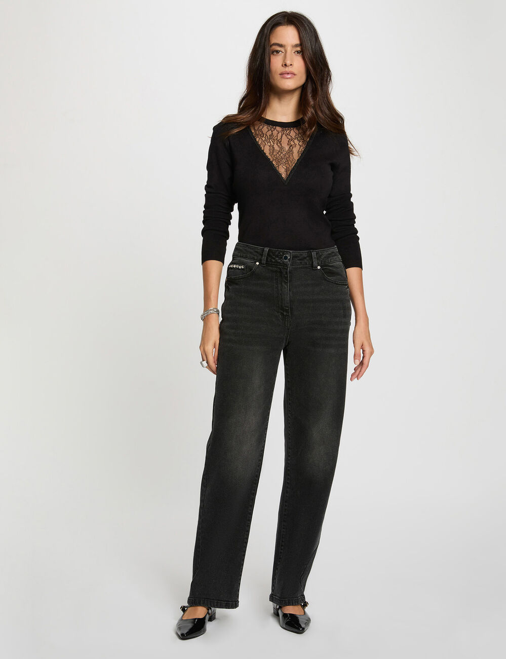 Jersey cuello redondo encaje negro mujer