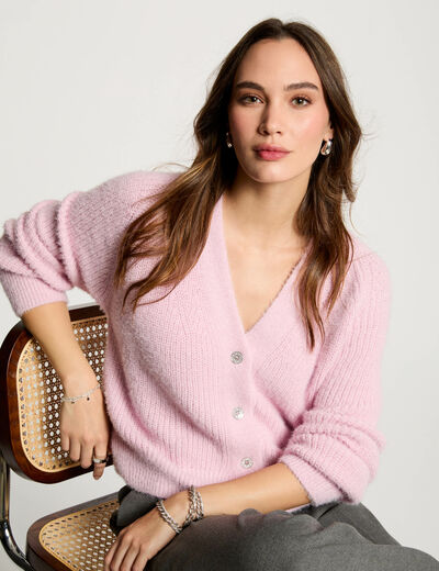 Cárdigan manga larga rosa pastel mujer