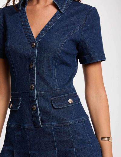 Vestido corto evasé vaquero denim crudo mujer