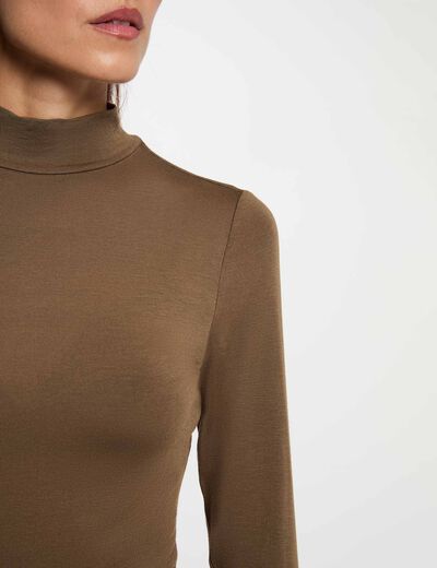 Camiseta cuello alto manga larga verde caqui mujer