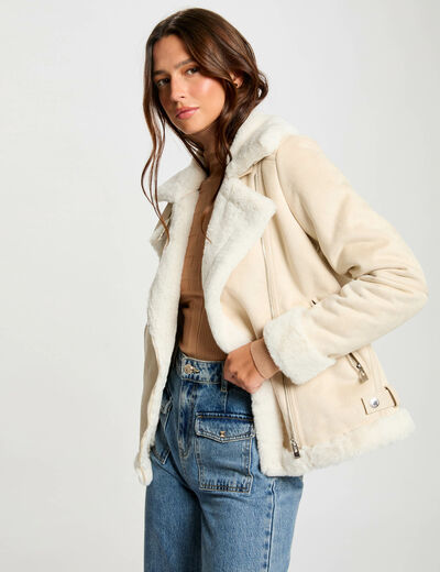 Chaqueta de antelina marfil mujer
