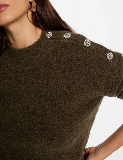 Jersey cuello alto y botones verde caqui mujer